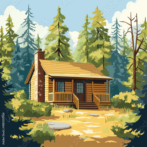Cozy log cabin nestled in a serene forest setting
