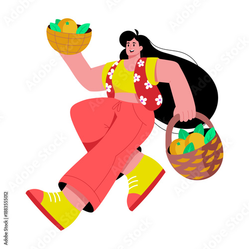 A flat style illustration showing a character carrying oranges bucket