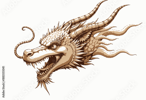 Intricate Illustration of a Mythical Dragon's Head with Detailed Scales, Spiraling Horns, and Fierce Expression in a Fantasy Art Style