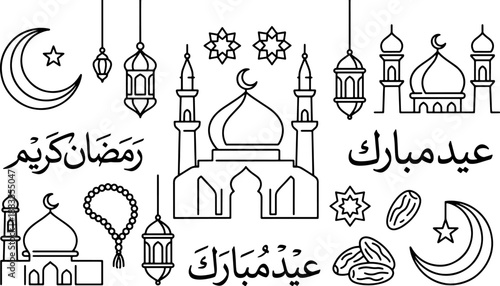 eid and ramadan doodle icon set with mosques, crescent moons, lanterns, stars, dates, and tasbih beads in black and white islamic holiday line illustration style