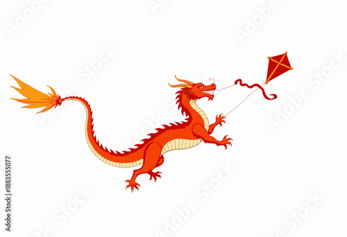 Vibrant Red Dragon Soaring Through Clear Skies with a Colorful Kite, Embodying Mythical Elegance and Playfulness in a Whimsical Display of Art
