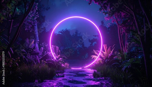 Wallpaper Mural Neon Portal in a Lush Jungle - A Mystical Nighttime Scene. Torontodigital.ca