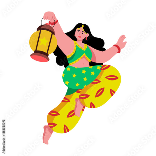 A flat style illustration depicting a character holding lantern