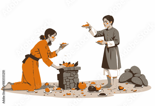 Traditional Harvest Ritual with Offerings of Fruits and Vegetables in a Cultural Ceremony