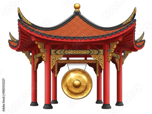 Traditional chinese pavilion with golden gong isolated on transparent background