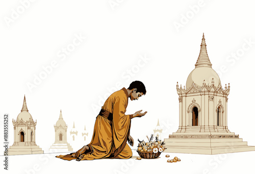 Monk Contemplating Offerings by Intricately Designed Temple Structures Against a Minimalist Background