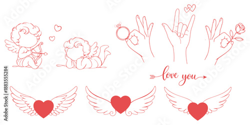 Romantic love line art illustration set featuring cupid angels, expressive hand gestures, winged hearts, engagement ring symbol, and handwritten love you typography in minimalist red outline style.