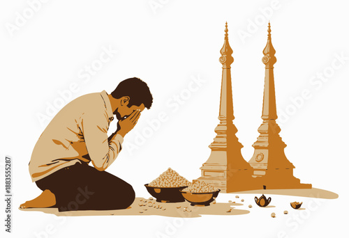 Man Practicing Religious Ritual in Reverence with Offerings Near Symbolic Golden Structures in Spiritual Reflection