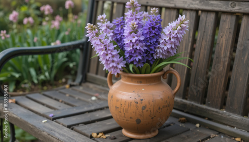 Rustic clay vase with blooming hyacinths on a garden bench