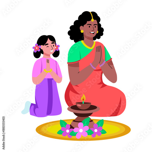 A flat style illustration depicting characters performing diwali prayers