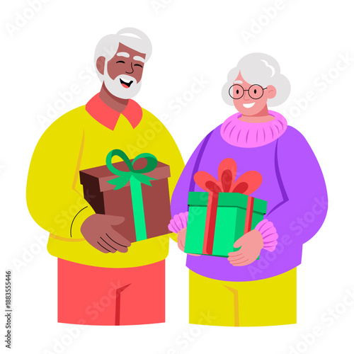 A flat style illustration depicting grandparents holding gifts