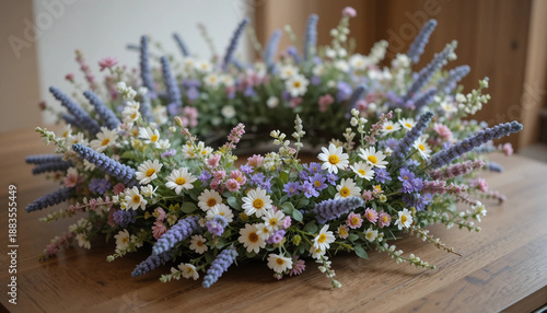 Wildflower wreath with lavender and small blossoms on a wooden table