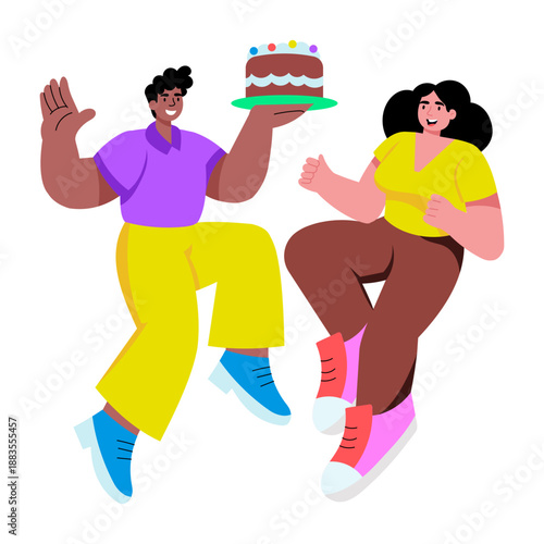 A flat style illustration depicting a character presenting a cake surprise
