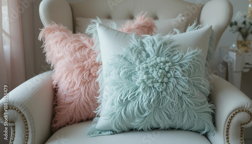 Light pink and mint pastel decorative pillows on an elegant chair
