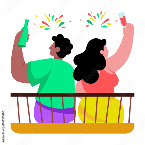 A flat style illustration showing couple enjoying fireworks