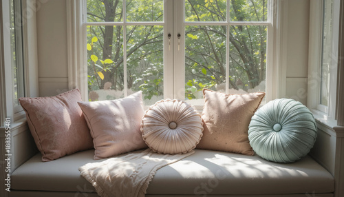 Round decorative pillows in pastel colors on a sunlit windowsill 