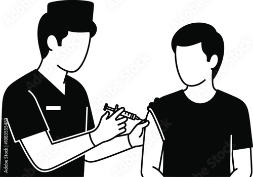 Medical professional administers vaccine injection into the upper arm of a patient receiving preventative immunization.