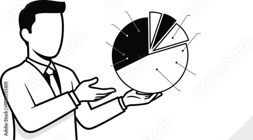 Businessman presents a large illuminated pie chart demonstrating data analysis and financial market segmentation.