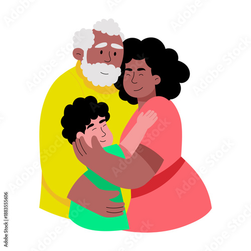 A flat style illustration depicting grandparent hugging a family member