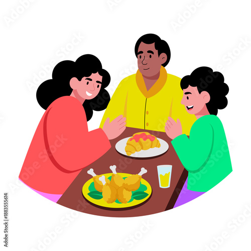 A flat style illustration depicting characters having family dinner