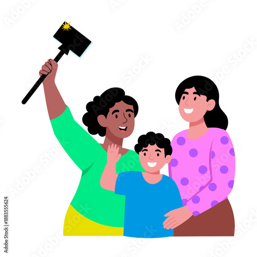 A flat style illustration showing characters taking family selfie