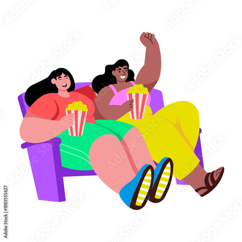 A flat style illustration showing characters watching movie together