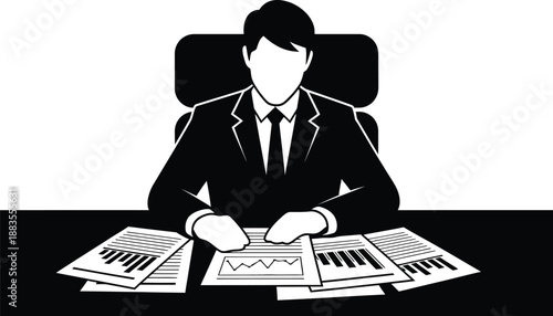 Silhouetted executive manager sits formally behind a large desk covered with numerous financial reports and analysis.