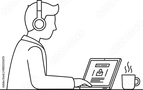 Concentrated person wearing headphones works attentively on a laptop computer next to a steaming hot beverage cup.