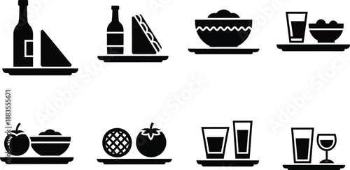 Food and drink icons show various service tray arrangements on white.