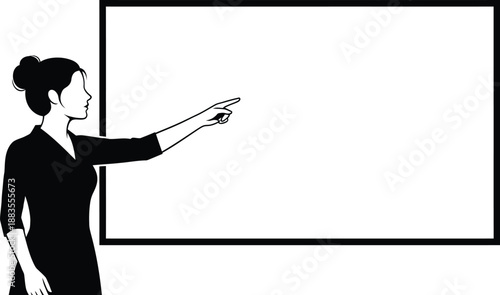 Businesswoman silhouette points towards a large empty projection screen ideal for presenting corporate information.