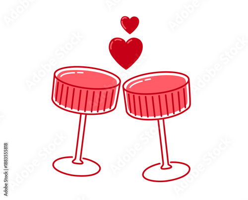 Two cocktails making a toast to celebrate Valentine’s Day. Romantic love. Hand-drawn minimalistic outline icon.