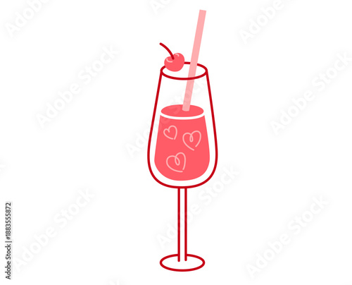 Valentine’s Day romantic cocktail with cherry. Hand drawn love drink doodle icon. Decorative element for greeting cards, wrapping paper, stickers, party invitations.