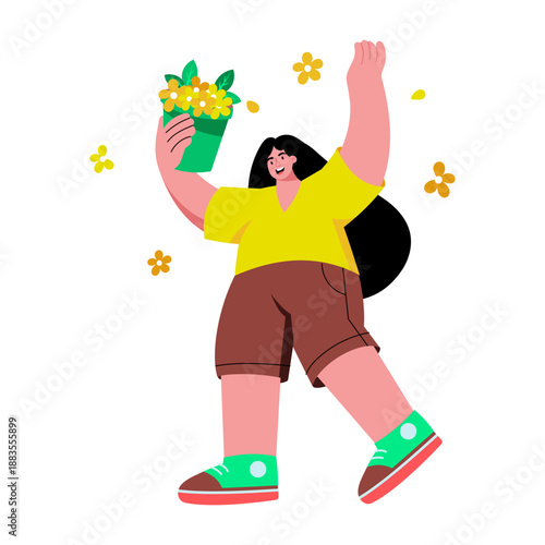 A flat style illustration representing tossing flowers gesture