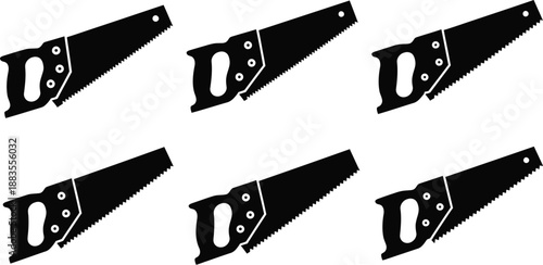 Six carpenter hand saws are arranged in two rows for tool design.