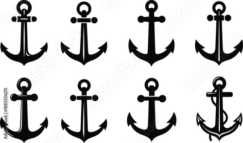 Eight different styles of boat anchors are displayed in two rows.