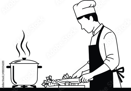 Chef in toque and apron meticulously chops fresh vegetables on a cutting board next to a steaming cooking pot.