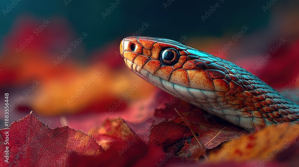 Obraz premium Snake moves through colorful autumn leaves in a forest during the fall season
