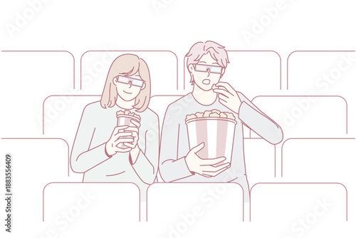 3d cinema and entertainment concept. Young couple boy and girl wearing 3d special glasses sitting watching movie in cinema club eating popcorn having fun vector illustration
