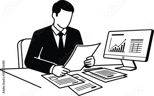 Manager reviews complex paperwork and financial documents displayed on a desktop computer monitor in an office.