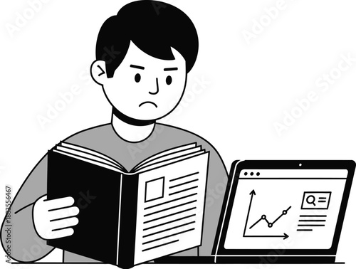 Student or researcher concentrating deeply while reading a large open book next to a laptop displaying online search.