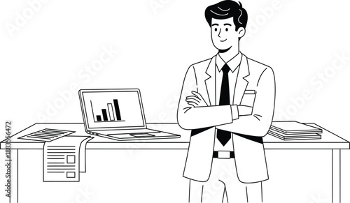 Confident businessman stands with arms crossed beside a desk displaying a laptop showing performance graphs.