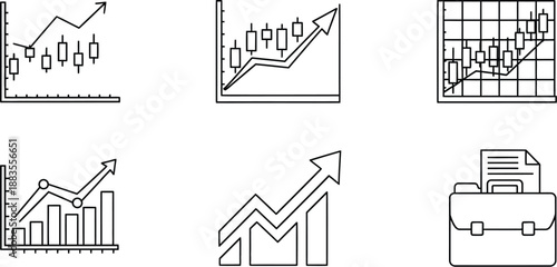 Set of six black and white line art icons illustrate various business charts including candlestick and bar graphs.
