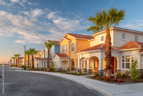 New residential houses lined along a quiet street with palm trees on a sunny day in a suburban area