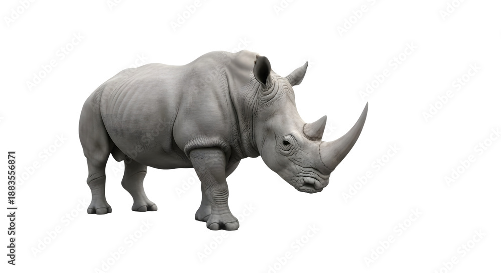 Obraz premium A large gray rhinoceros stands against a black background, showcasing its distinctive horn