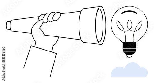 Vision, innovation, planning, problem-solving, creativity, and forward thinking. A hand holding a telescope, pointing toward a light bulb and cloud. Vision and innovation concept