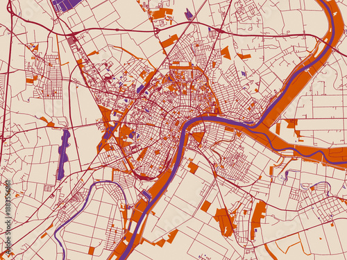 Принти на полотні City map of Szeged, Hungary — minimal cream city base with wine-red streets, ter