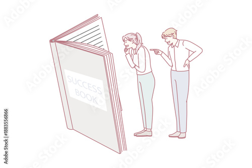 Business success and leadership concept. Two young smiling business people workers standing reading together success book for development vector illustration