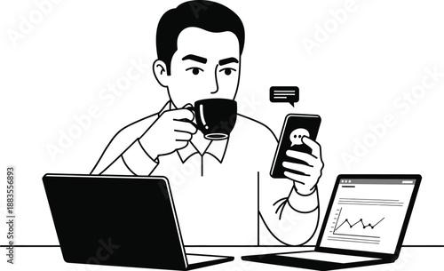 Businessman sips coffee while checking social media notifications on his smartphone between two open laptops.