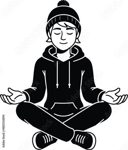 Person wearing a winter hat and hoodie sits calmly in the lotus position demonstrating mindfulness and achieving mental.