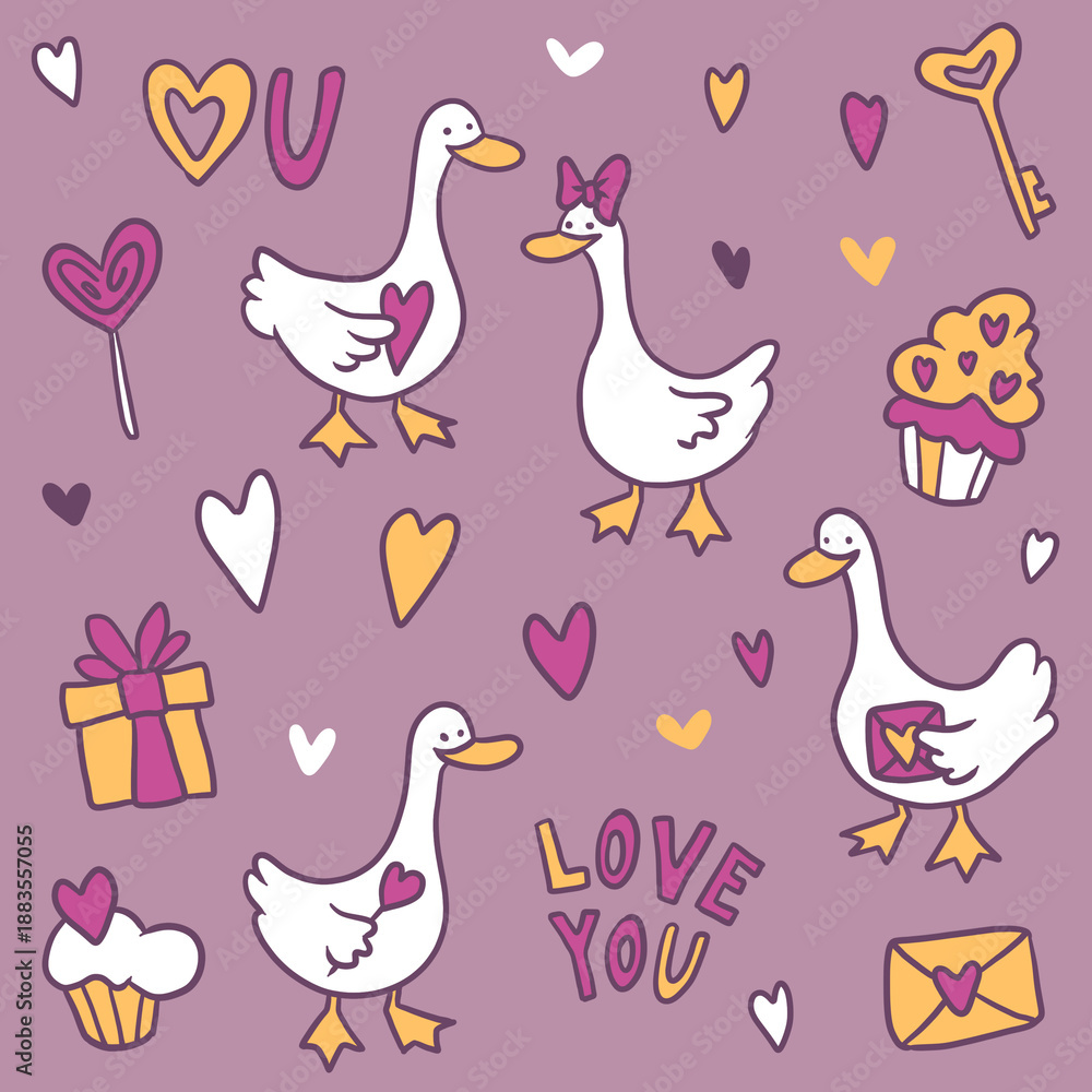Obraz premium Cute Valentine Geese Illustration Set with Hearts Love Letters Gifts and Sweet Romantic Elements